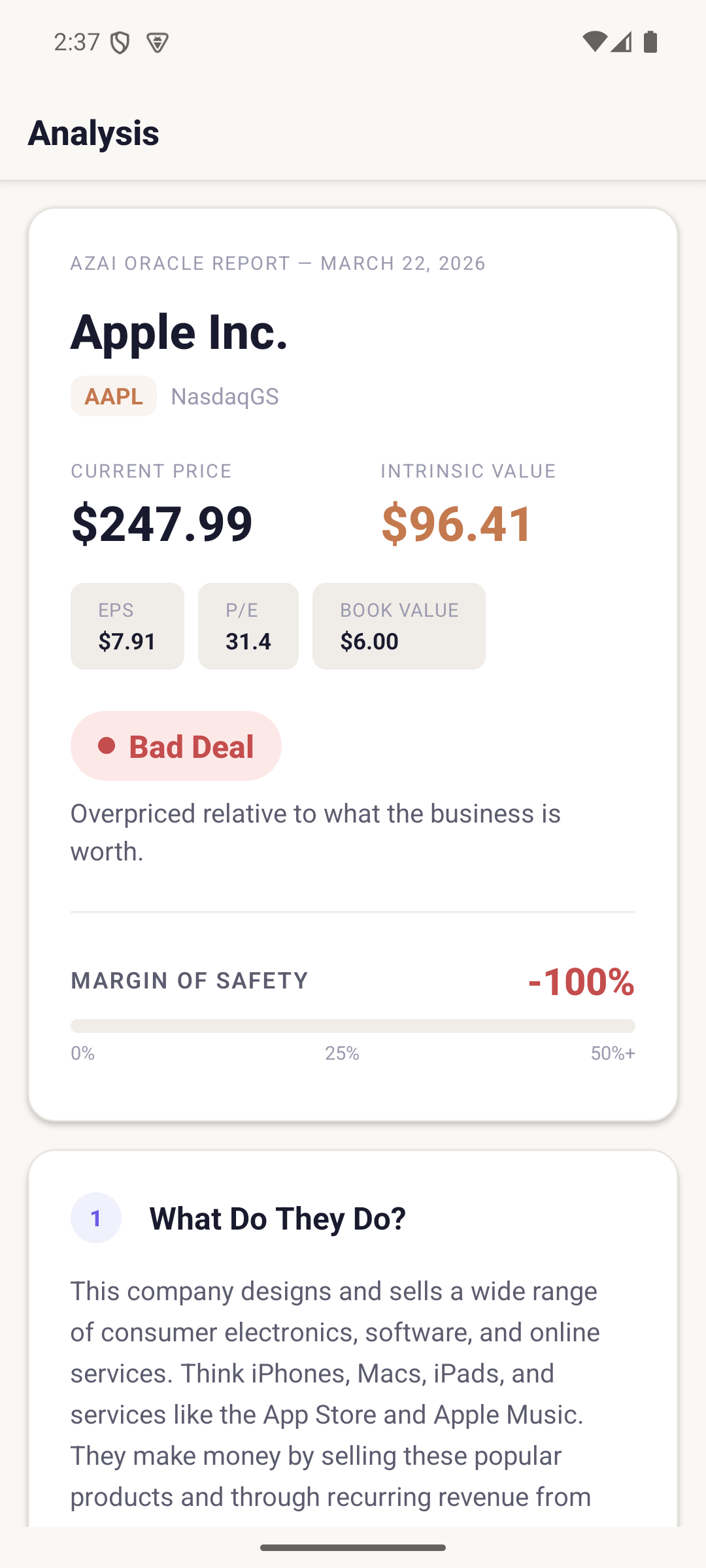 AAPL intrinsic value analysis showing current price vs fair value